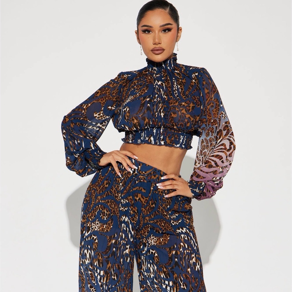 Fashion Nova Two Piece Blue and Brown Leopard Print Set